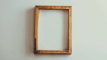 An empty rustic wooden frame against a plain light background, standing out with its raw texture and minimalist aesthetic.