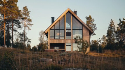 Obraz premium A modern, glass-fronted, A-frame house is nestled amongst tall trees, basking in the warm, serene glow of the setting sun.