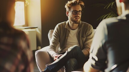 Obraz premium In a warmly lit room, a young adult engages in a meaningful discussion with peers during a support group meeting.