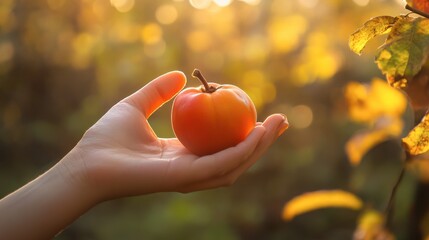 A person enjoying a fresh persimmon in an outdoor setting, with a blurred background of trees and golden sunlight filtering through.