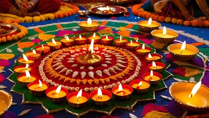  Diwali night market scene, illuminated by an array of lanterns in shades of warm orange, soft pink, and radiant blue, suspended from intricately carved wooden stalls and majestic