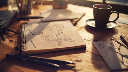 A sunlit workspace with a sketched notebook, a coffee cup, and artistic tools scattered around, capturing a moment of creativity.