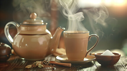 Fototapeta premium Steaming Cup of Tea with Spices on Wooden Table