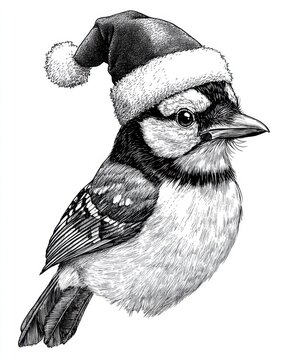 recommend clip art: Black and white Vintage engraved art of a Jay with a Christmas Santa hat, isolated on white background, ink sketch illustration, simple vector art design, highly detailed line art, high contrasty 