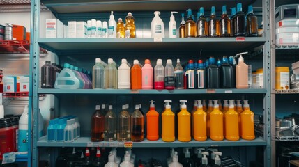 Shelves stocked with a colorful variety of liquid containers and bottles, organized neatly in a store or storage area.