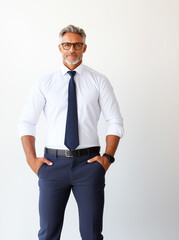 Fototapeta premium A confident man dressed in a crisp white shirt and navy pants stands with his hands in his pockets. His glasses add a touch of sophistication to his professional look
