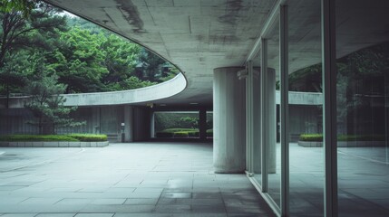 A minimalist urban structure with concrete pillars and lush greenery, exuding modern architectural elegance and simplicity.