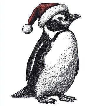 recommend clip art: Black and white Vintage engraved art of a Penguin with a Christmas Santa hat, isolated on white background, ink sketch illustration, simple vector art design, highly detailed line art, high contrasty