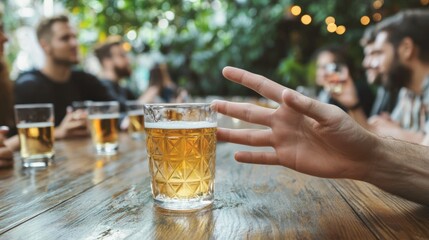 a hand rejecting a drink at a social gathering, representing the choice to abstain from alcohol