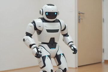 Fototapeta premium Humanoid robot with modern design, friendly mood, standing in contemporary indoor space