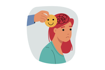 Psychological assistance for depressed woman, victim of mental disorder. Hand psychologist providing assistance to girl with chaos in head due to schizophrenia or psychological disorders