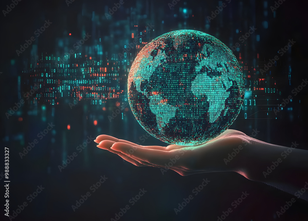 Poster a hand holds a digital earth sphere above a world map embellished with binary code, illustrating the