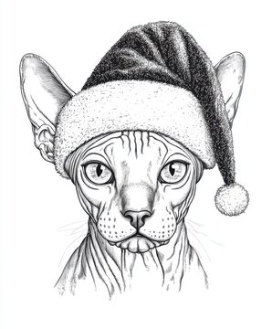 recommend clip art: Black and white Vintage engraved art of a Sphynx cat with a Christmas Santa hat, isolated on white background, ink sketch illustration, simple vector art design, highly detailed line art,