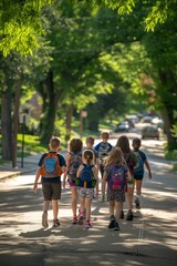 Fototapeta premium A group of children are walking down a street, some of them carrying backpacks. Scene is lighthearted and playful, as the children are enjoying their walk and each other's company