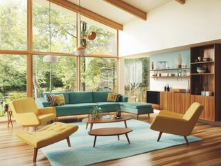 Fototapeta premium A living room with a couch, two chairs, and a coffee table. The couch is blue and the chairs are yellow. There are potted plants in the room and a vase on the coffee table