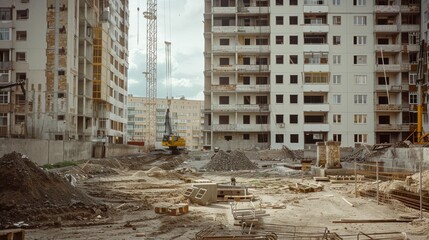 Fototapeta premium A large construction site amidst buildings under development, displaying a scene of ongoing construction work and urban expansion.