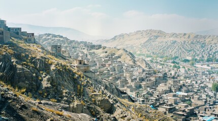 Fototapeta premium A sprawling urban landscape clings to a hillside, showcasing tightly packed buildings against rugged mountains, under a bright, clear sky.