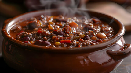 Steaming Bowl of Chili with Beef and Beans - Comfort Food