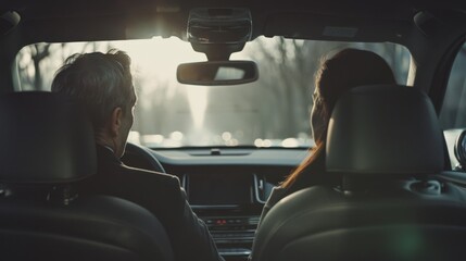 A serene scene of two people sitting in a car, facing forward with soft sunlight streaming in, suggesting a calm journey or conversation.