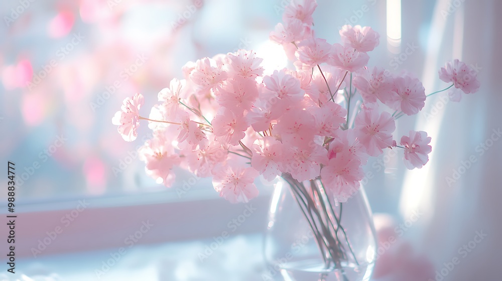 Canvas Prints Delicate pink cherry blossoms in a glass vase on a windowsill with a blurred background.