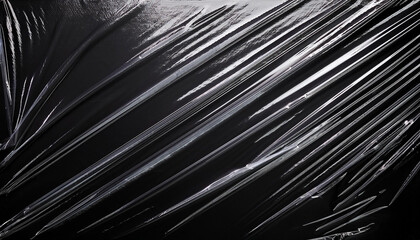 Transparent plastic wrap on the black background. Clean blank texture overlay effect template. Isolated wrinkle surface branding mock-up.