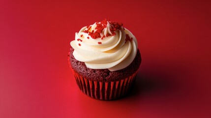 A red velvet cupcake centered on a smooth red background, emphasizing its deliciousness.
