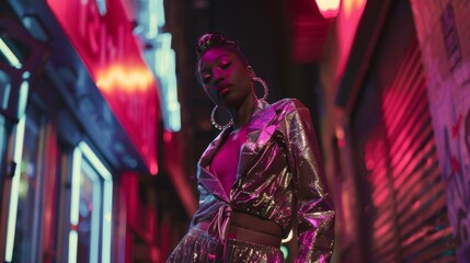 Fototapeta premium Woman in a shiny metallic outfit poses confidently under vibrant neon lights in an urban setting, capturing the essence of nightlife and city vibes.