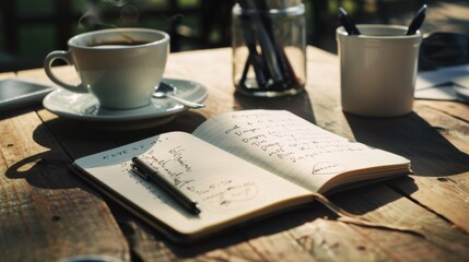 An open notebook with handwritten notes sits on a rustic wooden table, accompanied by a cup of coffee, evoking a serene and creative workspace.