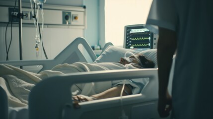 A patient lies in a hospital bed connected to medical monitors, with healthcare professionals nearby, indicating a serious medical situation in a clinical setting.