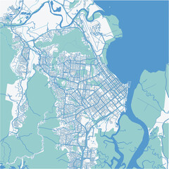 Map of Cairns in Australia in a professional blue style. Contains layered vector with roads water, parks, etc.