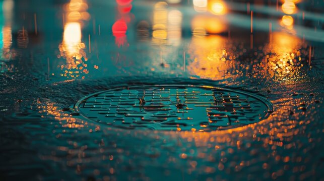 Rain-drenched urban street with water droplets captured in mid-splash over a drain cover, streetlights reflecting in the wet surface creating a vibrant, dreamy atmosphere.