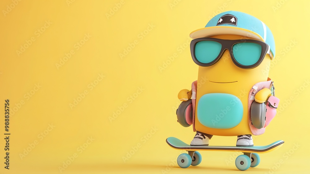 Sticker A colorful, cartoon character wearing a helmet and goggles, rides a skateboard in a vibrant, abstract scene.