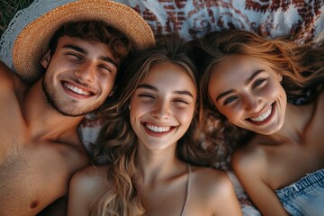 Happy friends communicating while lying down on a blanket in the park, Generative AI