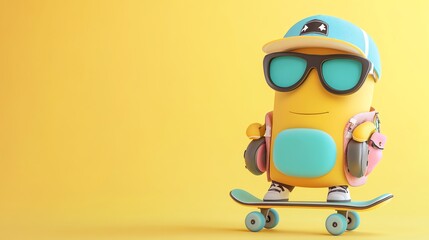 A colorful, cartoon character wearing a helmet and goggles, rides a skateboard in a vibrant, abstract scene.