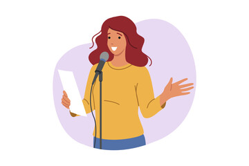 Woman speaker speaks publicly, standing near microphone and reading own poetry for audience. Girl speaker with smile rehearses solo stand-up program with jokes and funny stories from life