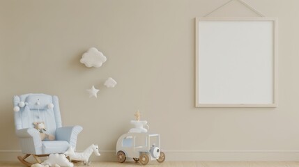 A serene and minimalistic nursery featuring a blue rocking chair, toy horse, cloud decorations, and a blank picture frame on a neutral wall.