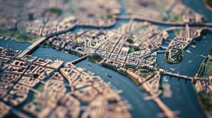 A detailed aerial view of a miniature city model, showcasing intricate urban planning and waterways under soft, diffused lighting.