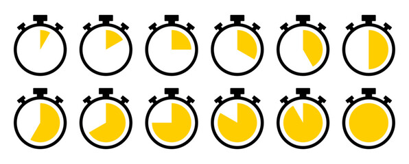 Stopwatch, timer or countdown clock icon set with 5 to 60 minutes in yellow color. Timer set vector icon collection. 5 minutes timer set. Cooking time vector. Countdown timer symbol set.
