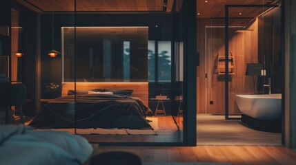 Luxurious modern bedroom with glass walls, wooden finishes, and ambient lighting, showcasing elegant interior design.
