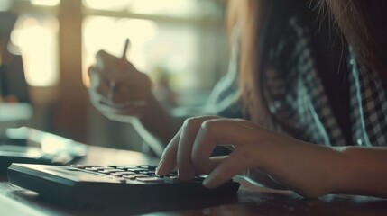 Focused close-up of a person using a calculator in a cozy workspace, highlighting concentration and precision in financial tasks.