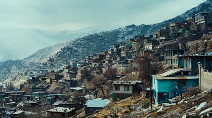 Overlooking a dense hillside settlement, the photograph captures homes tightly packed together within a rugged, mountainous terrain.