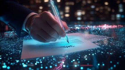 Obraz premium A close-up of a hand writing on a glowing paper, surrounded by vibrant blue particles, set against a cityscape backdrop.