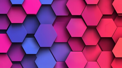 A vibrant abstract background of overlapping hexagons in shades of pink and purple.