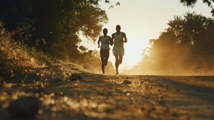 Two silhouettes run along a dusty path at sunrise, embraced by the glow of the morning light, reflecting an active and healthy lifestyle.