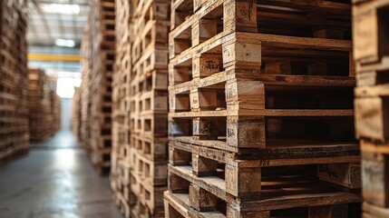 logistics and shipping solutions featuring stacked wooden pallets in an industrial warehouse highlighting rough texture and structural details for effective storage and handling