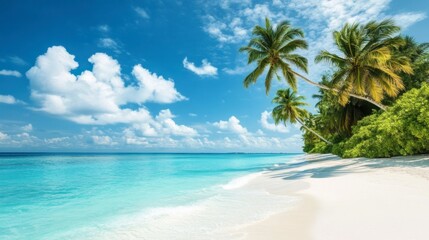Fototapeta premium A serene beach scene with soft white sand, crystal-clear blue waters, and palm trees gently swaying in the breeze, capturing the peaceful essence of a Maldivian paradise.