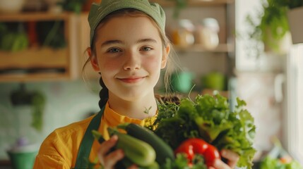 A young girl in a bright apron, joyfully holding fresh garden vegetables, her smile capturing the essence of homegrown goodness and youthful energy.