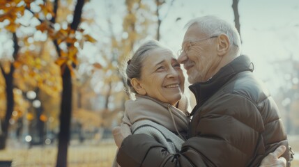 Fototapeta premium An elderly couple shares a loving embrace in an autumn park, surrounded by golden leaves and a sense of enduring warmth.