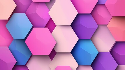 The image shows a pattern of colorful hexagons in shades of pink, blue, and purple. They overlap and create a 3D effect.  The hexagons have a glossy, sheen to them.  The colors are vibrant and create