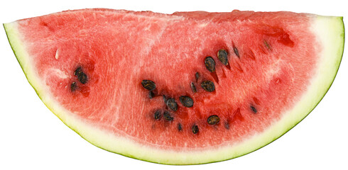 Slice of juicy watermelon isolated on a transparent background. Completely in focus.